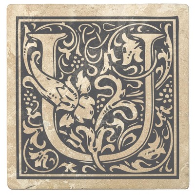 Christmas by Krebs Set of 4 Ivory and Gray "U" Square Monogram Coasters 4"