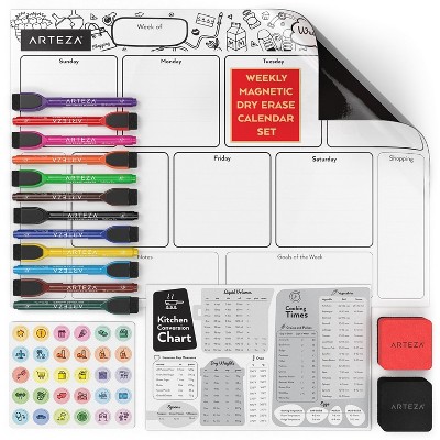 Arteza White Dry Erase Magnetic Weekly Calendar Set with Markers and Dry Erase Caps for Kitchen with Markers and Dry Eraser Caps - 17"x12" (ARTZ-8639)