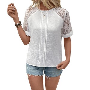 Womens Lace Tops  with Keyhole Back Elegant Textured Blouse Tops Lace Patchwork Tops - 1 of 4