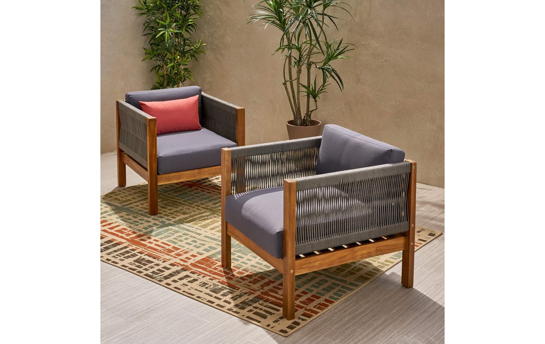 Set of 2 Acacia Wood Outdoor Club Chair with Modern Rope Weave & Water-Resistant Cushion, 27" Patio Lounge Seating-3irtyhousy