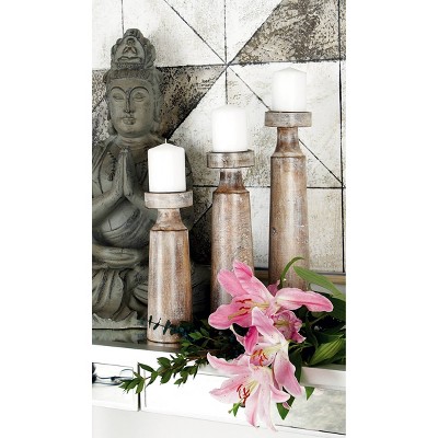 Dark Brown Mango Wood Coastal Candle Holder Set