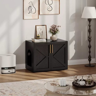 Black Wooden Freestanding Cat Litter Box Enclosure with Double Doors