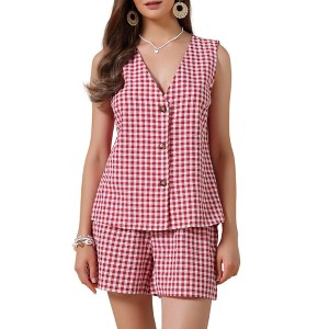 INSPIRE CHIC Women's 2 Pieces Shorts Suit Set Gingham Summer V Neck Sleeveless Waistcoats And Shorts - 1 of 4