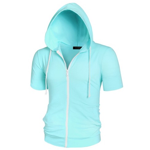 Lars Amadeus Men's Solid Color Zip Up Short Sleeve Hoodies Sweatshirt Teal  Medium