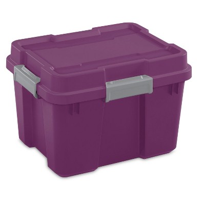 Sterilite 20 Gallon Heavy Duty Plastic Gasket Tote Stackable Storage Container Box with Lid and Latches for Home Organization, Exotic Purple/Gray