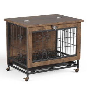 Small Dog Crate Furniture with 2 Doors and Wheels, 26.4 in l x 19.7 in w x 25.6 in h Heavy Duty Wooden Indoor Kennel Dog House Cage - 1 of 4