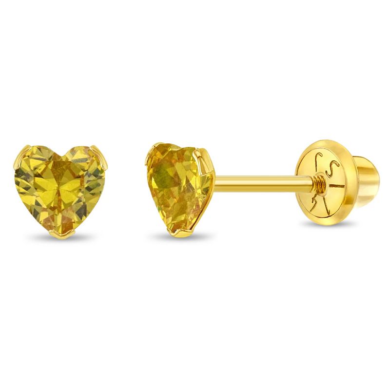 Girls' Birthstone CZ Heart Screw Back 14k Gold Earrings - In Season Jewelry, 1 of 9