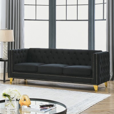 Velvet Chesterfield 3-Seater Sofa,Tufted Living Room Couch with Nailhead Trim & Metal Legs-Baofuwish