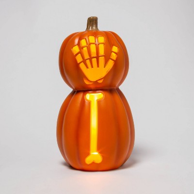 Lit Double Stack Pumpkin with Skeleton Hand Halloween Decorative Prop - Hyde & EEK! Boutique™