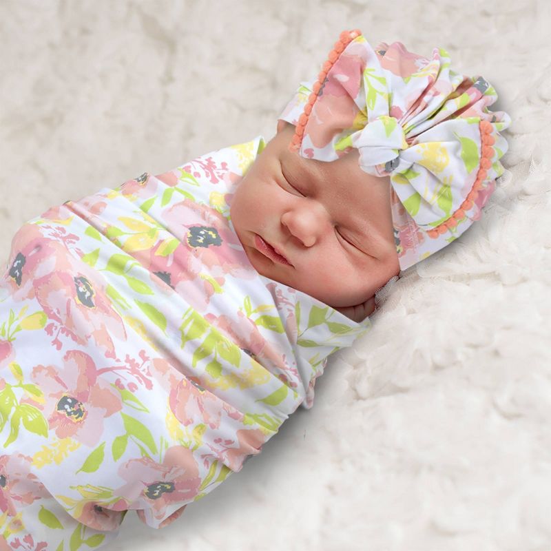 Baby Essentials Soft Floral Swaddle Blanket and Turban Set, 3 of 4