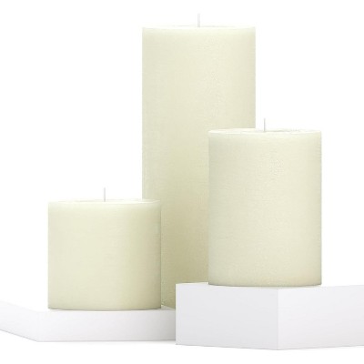 Assorted Pillar Candles Set of 3 ¨C Sizes 3", 4", 8" Unscented Dripless Large Candles, Rustic Style Long Burning for Weddings, Home Decor ¨C Ivory