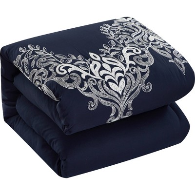 Navy and White Embroidered Queen Comforter Set with Decorative Pillows