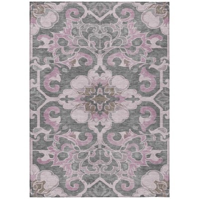 HomeRoots 5' X 8' Pink And Charcoal Damask Washable Indoor Outdoor Area Rug