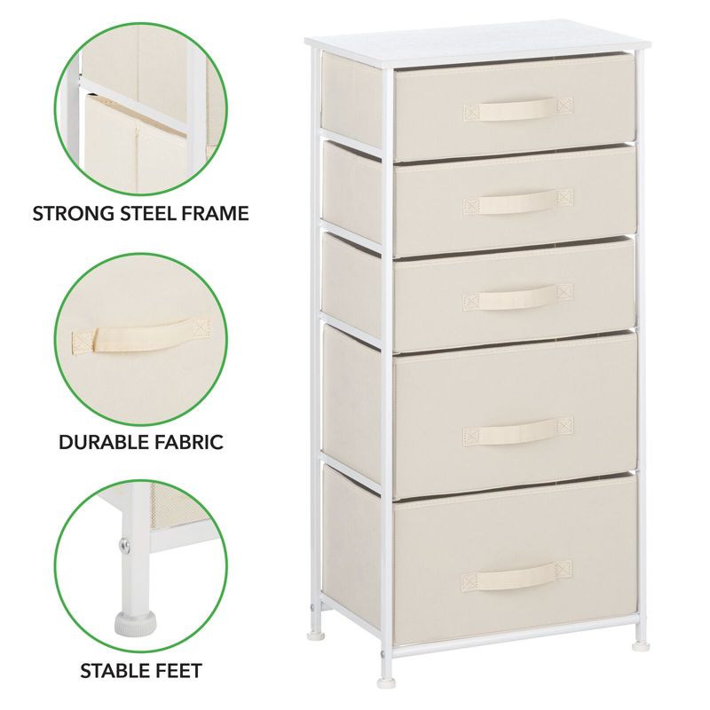 mDesign Steel/Fabric Tall Dresser Organizer 5 Drawer Storage Tower - Cream/White, 3 of 7