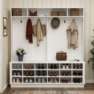 Famapy White 63"W 18 Shoe Cubbies Wide Hall Tree With Hooks - 1 of 4