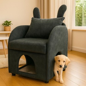 Velvet Bunny-Ear Pet-Friendly Armchair with Built-in Cat & Dog Hideaway, Plush Dual-Use Sofa Chair with Side Pocket, 27.4 x 25.2 x 37.4 inch - 1 of 4
