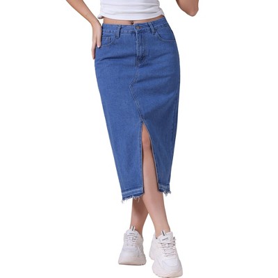 INSPIRE CHIC Women's Denim Front Slit Raw Hem High Waisted Midi Jean Skirts