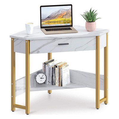 ODK Modern Triangle Corner Fit Computer Workstation with Large Drawer and Bottom Display Shelf for Apartments, Studios, and Office