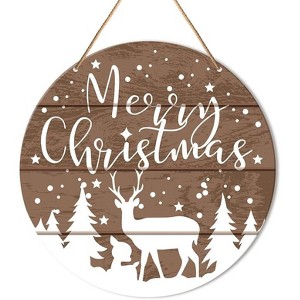 Lomsoe Merry Christmas Sign Front Door Decor Round Hanging Sign for Farmhouse Xmas Holiday Wall Decor Winter Wood Sign Christmas Gift 8x8Inch - 1 of 1