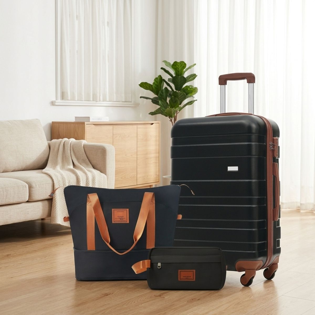 Polibi Hardshell Luggage Set 3 Pieces, 24 Inch Checked Suitcase, a Travel Duffel Bag and a Wet-Dry Toiletry Bag - thumbnail 2