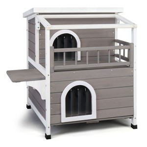 BENCMATE Pet Crates and Houses Wooden Balcony, Transparent Canopy in Indoor and Outdoor Shelter for Cats, Small Animals, Gray, 32.3"*27"*8.3" - 1 of 4