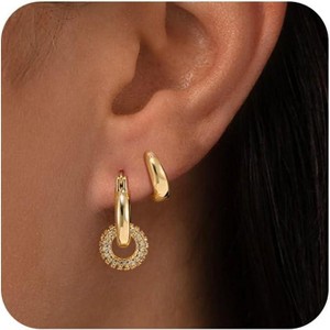 Gold & Silver Plated Cubic Zirconia Drop Earrings, Dainty Huggie Hoop Set, Lightweight Hypoallergenic Jewelry - 1 of 4