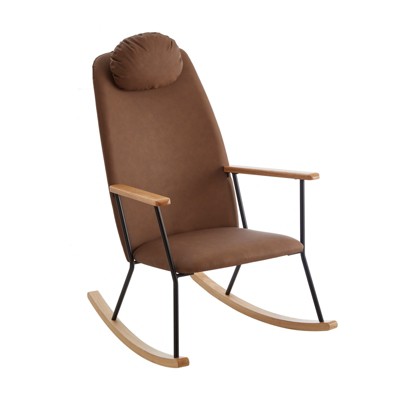 FONTOI Rocking Chair with Adjustable Headrest Pillow, Rocker with High Backrest for Nursery Bedroom Living Room, Brown, 30.12"*39.76"*24.41"