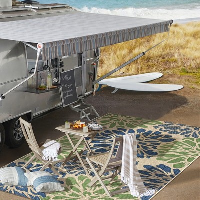 Zinnia Navy & Green Modern Floral Flatweave 3x5 Indoor/Outdoor Rug