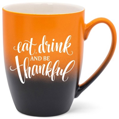 Elanze Designs Eat Drink And Be Thankful Two Toned Ombre Matte Orange and Black 12 ounce Ceramic Stoneware Coffee Cup Mug