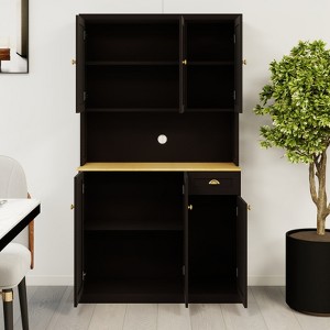 TiramisuBest 71" Freestanding Kitchen Pantry Hutch w/ Microwave Countertop, 6 Doors, 1 Drawer & Adjustable Shelves (Black) - 1 of 4