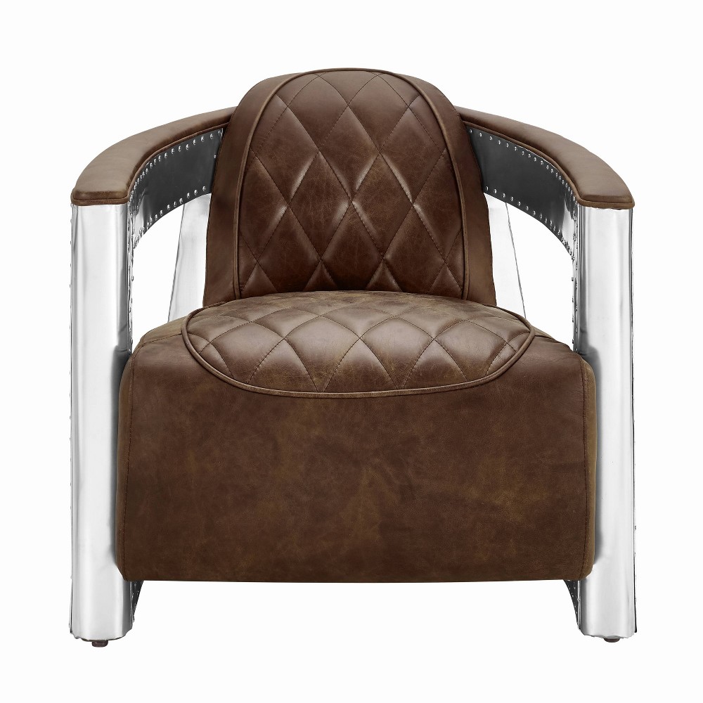 Riveted Leather Aviation Armchair Barrel Brown - HomeFare