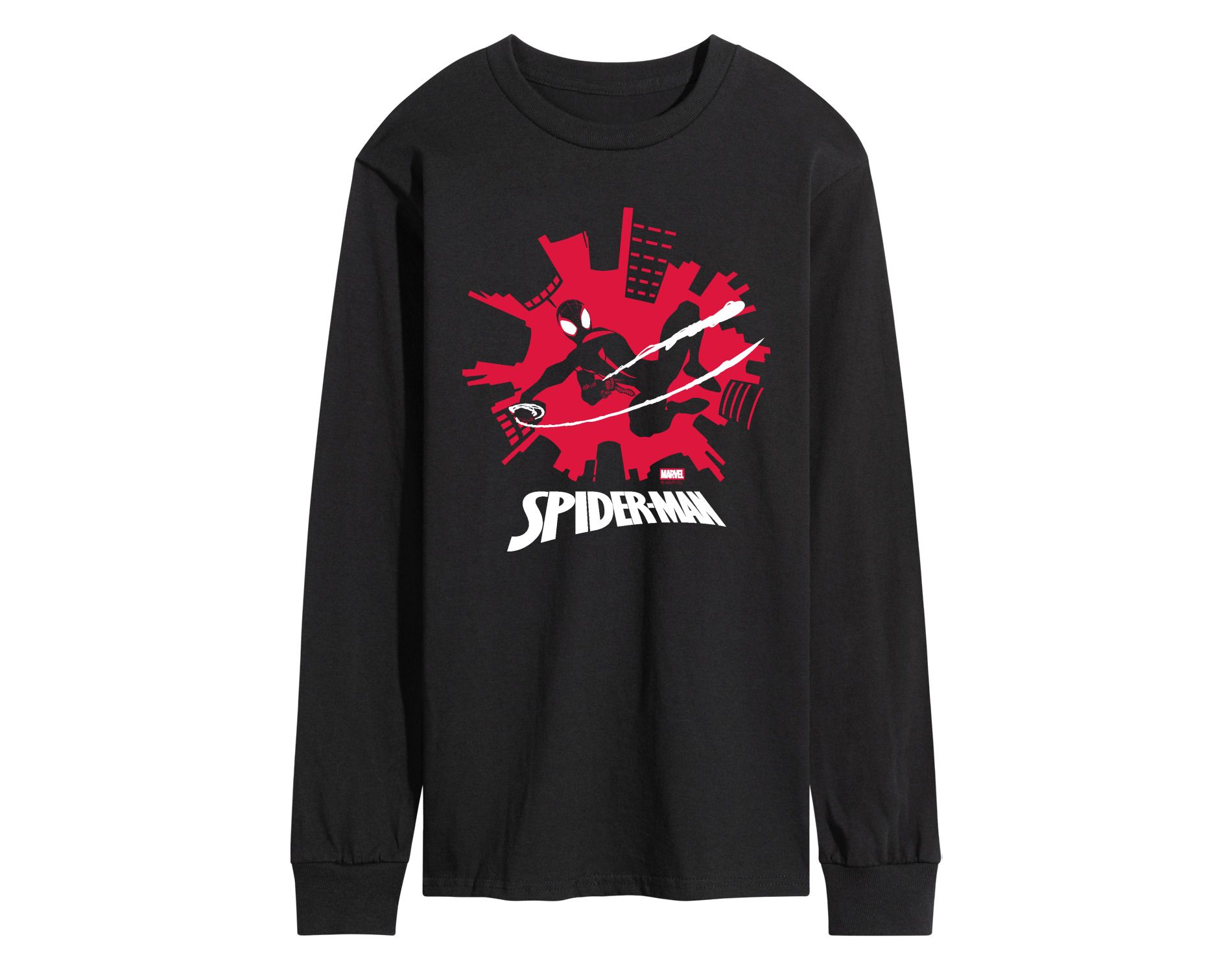 Men's Marvel Spider-Man Miles Skyline Long Sleeve Graphic T-Shirt - Black - Medium