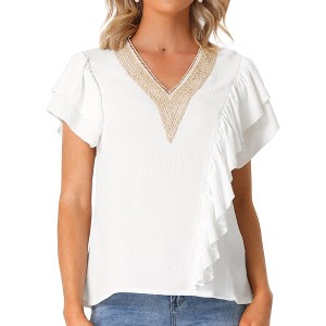 Allegra K Women's Ruffle Short Sleeve V Neck Casual Blouse - 1 of 4