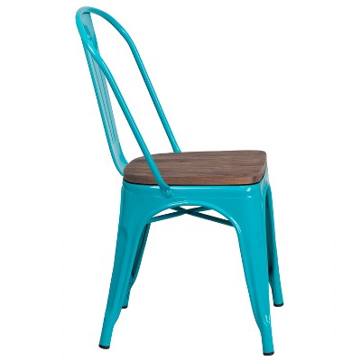 Crystal Teal-Blue Steel Side Chair with Wooden Seat
