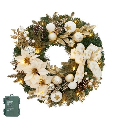 Christmas Wreath, 24 Inch Pre-Assembled Wreath with Ball Decorative Bow, 20 Lights, for Front Door Home Holiday Decoration