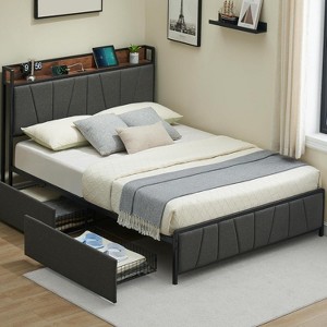 Linen Upholstered Bed Frame with Storage Headboard and 2 Drawers, Platform Bed with Built-in Charging Station - 1 of 4