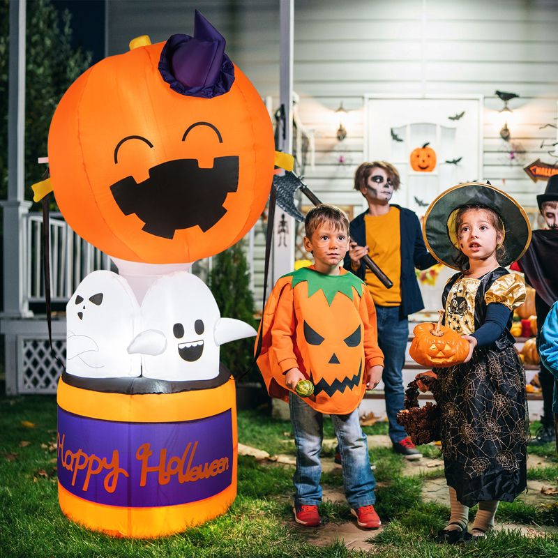 Tangkula 6FT Halloween Inflatable Decoration Inflatable Pumpkin Hot Air Balloon with Ghosts Bright LED Lights Waterproof Air Blower 2 Sandbags, 5 of 11