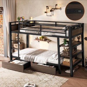 Metal Bunk Bed with Storage Shelves , LED light strip, and USB power strip, black - 1 of 4