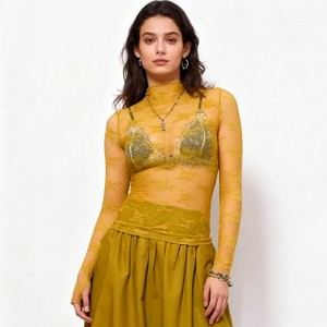 Women’s Floral Lace Slim-Fit Top – Sheer Stretch Tee with Baby Overlock Edge, Versatile Cherie Code - 1 of 4