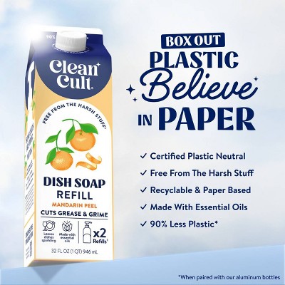 Clean Cult Mandarin Peel Liquid Dish Soap Refills - 32 fl oz: Carton, Removes Grease, Ceramic Dishes