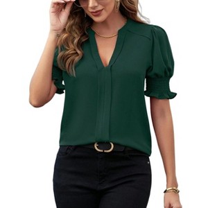 BLUEMING Womens T-Shirts Short Puff Sleeve Casual Blouses V Neck Smocked Cuff Tunic Tops Business Tops - 1 of 4