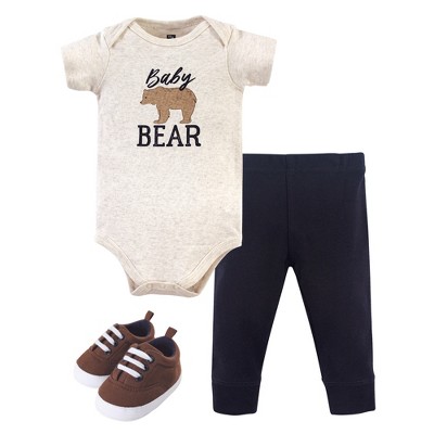 Image of Hudson Baby Infant Boy Cotton Bodysuit, Pant and Shoe 3pc Set, Baby Bear