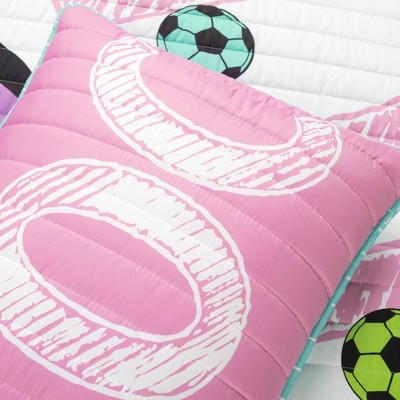 White and Turquoise Microfiber Reversible Soccer Quilt Set for Girls