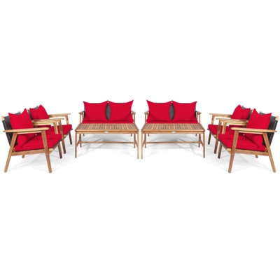 Tangkula 8PCS Patio Rattan Furniture Set Wood Frame Cushioned Sofa with Coffee Table Sectional Conversation Sofa Set for Garden Turquoise/Navy/Brown/Red