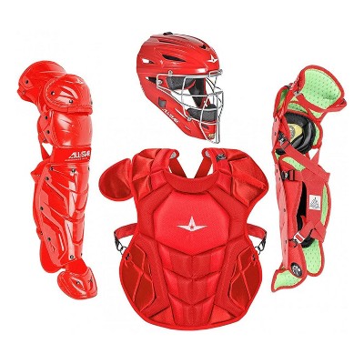 All-Star Sports Axis Pro System 7 Youth Ages 12-16 Plastic Protective Baseball Catchers Set with Mask Helmet, Chest Protector, and Leg Guards, Scarlet