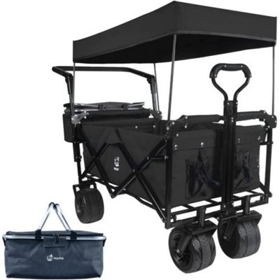FURNIinspire Outdoor Serving Carts Collapsible Wagon 140L Wagons Carts Foldable with Removable Canopy Folding Wagon Cart, Black, 35.4"*19.7"*44.5"