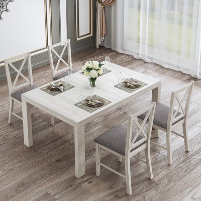 VECELO 5/7 Piece Extendable Dining Table Set with Upholstered X-Back Chairs, Farmhouse Wood Top for Kitchen or Dining Room, Gray