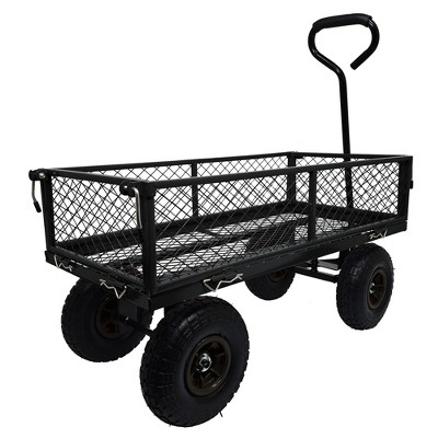 Steel Garden Cart, Heavy Duty 300 LBS Folding Utility Wagon with Removable Sides to Convert into Flatbed, Mesh Lawn Cart with 180° Rotating Handle