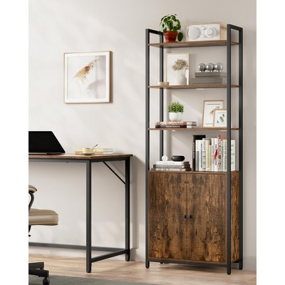 6-Tier Bookshelf, Tall Bookcase with Door, Steel Frame, Adjustable Shelves, 9.4 x 23.6 x 62.8 Inches, Rustic Brown and Ink Black