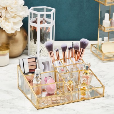 Gold Trim Glass Makeup Organizer with 10 Compartments